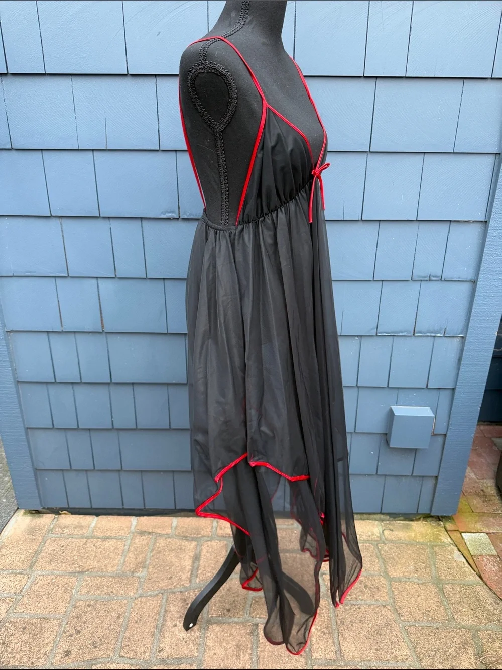 Jill Andrea of New York Vintage Black Mesh Handkerchief Hem Dress with Red Trim